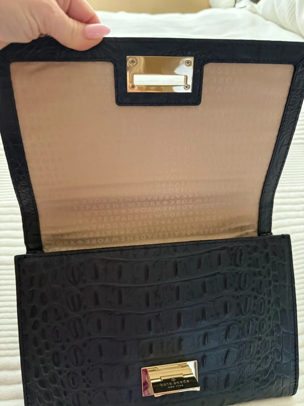 New kate spade Croc-Embossed Leather Flap Clutch with Gold Hardware